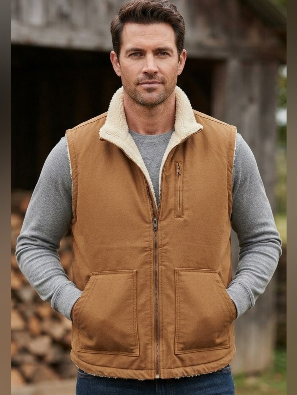 NWT Lee Men's 2X Tan Faux-Sherpa-Lined Workwear Vest Durable Canvas
